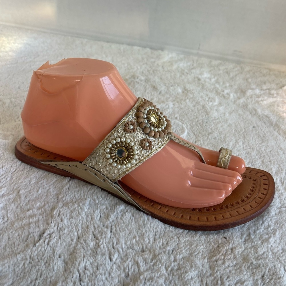 Diego di Lucca Elegant Beaded Sandals - Cream and Brown Size 7